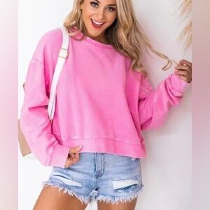 NWT Pink Lily Hot Pink Cropped Corded Sweatshirt